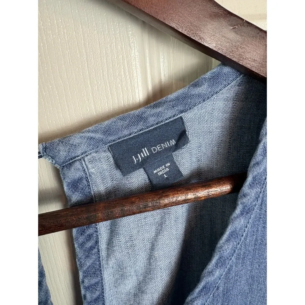 J Jill Denim Blue Jean Dress Embroidered  Summer Knee Length Dress Size Large L - Picture 2 of 8